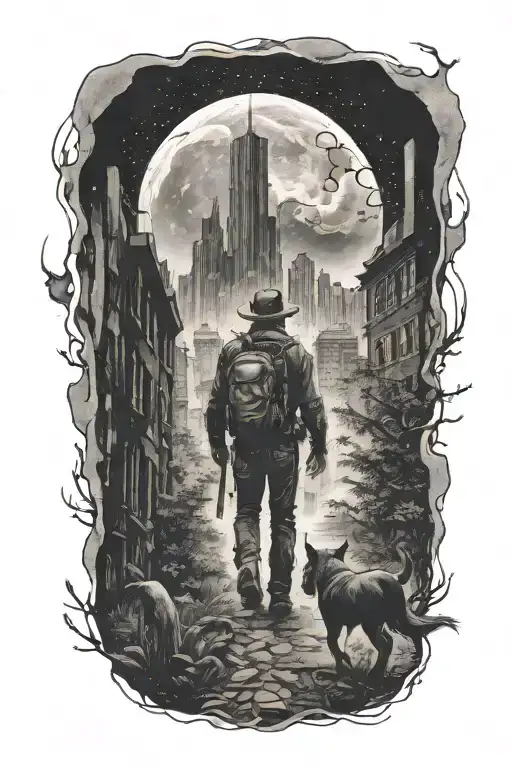 cowboy walking Through An Abandoned Metropolis With crumbling Skyscrapers Overgrown With Trees under a cosmic sky  tattoo design idea