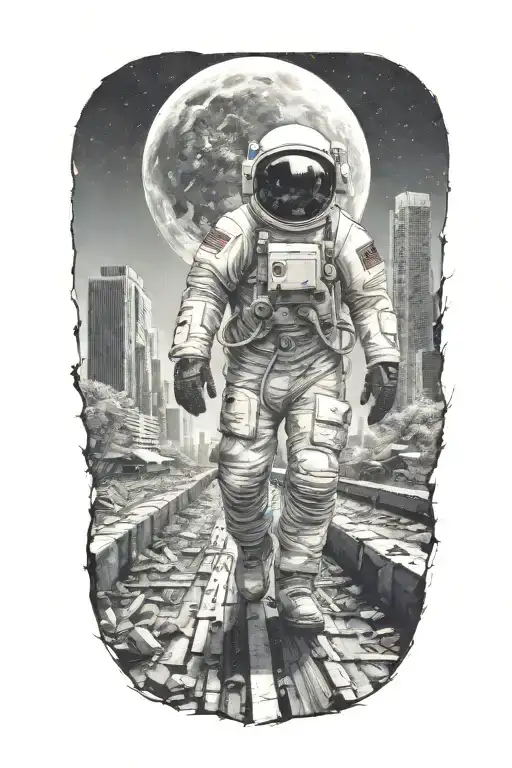 lonely astronaut walking down road in overgrown, decaying metropolis with crumbling skyscrapers under cosmic sky  tattoo design idea