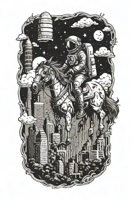 lonely astronaut riding a hors through an abandoned metropolis with skyscrapers overgrown with trees under a cosmic sky  tattoo design idea
