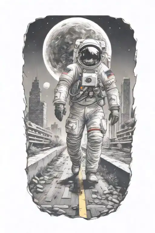 astronaut walking down road in overgrown metropolis crumbling skyscrapers under cosmic sky  tattoo design idea