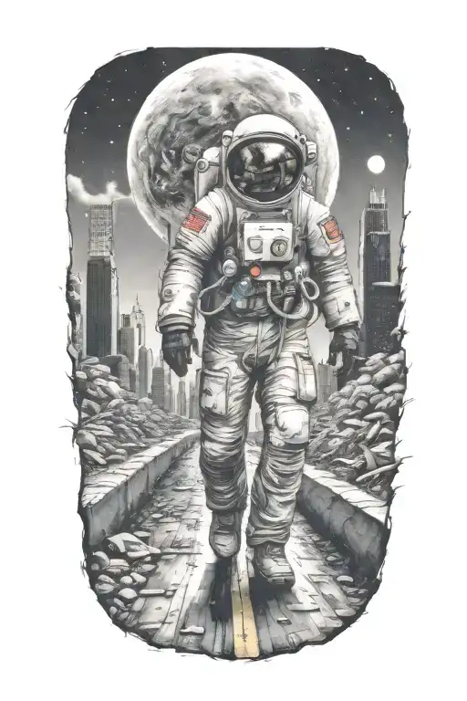 astronaut walking down road in overgrown, decaying metropolis with crumbling skyscrapers under cosmic sky  tattoo design idea