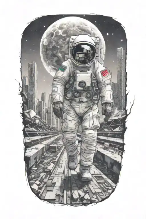 astronaut walking down road in overgrown metropolis crumbling skyscrapers under cosmic sky  tattoo design idea