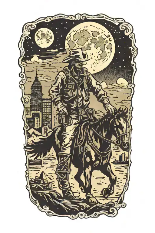 Cowboy Walking Towards An Abandoned Metropolis With Crumbling Skyscrapers Under Cosmic Sky With A crumbling moon  tattoo design idea