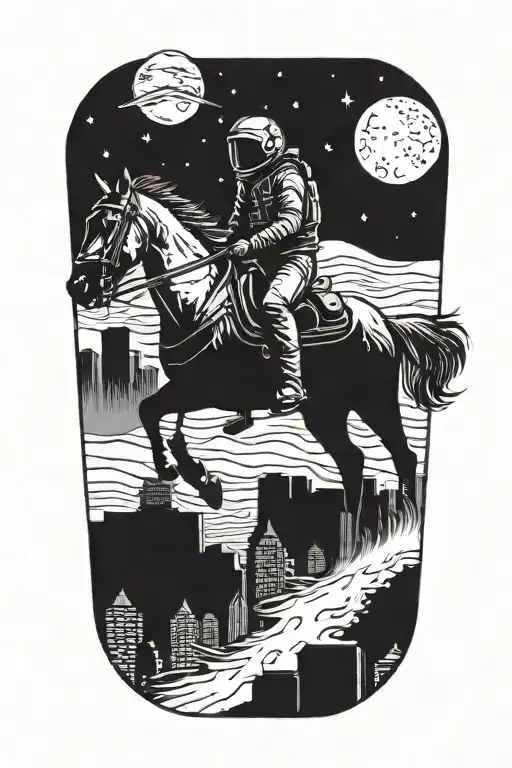 astronaut cowboy riding horse through an abandoned metropolis with crumbling skyscrapers under the stars  tattoo design idea
