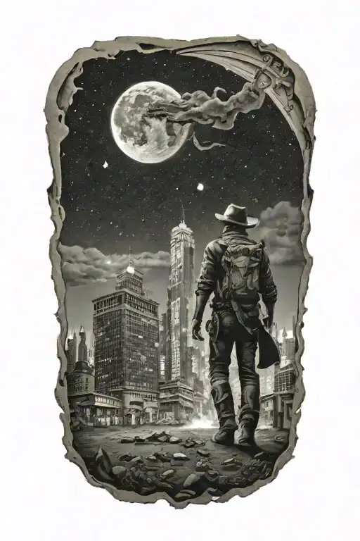 cowboy walking towards an abandoned metropolis with crumbling skyscrapers under cosmic sky with a crumbling moon  tattoo design idea