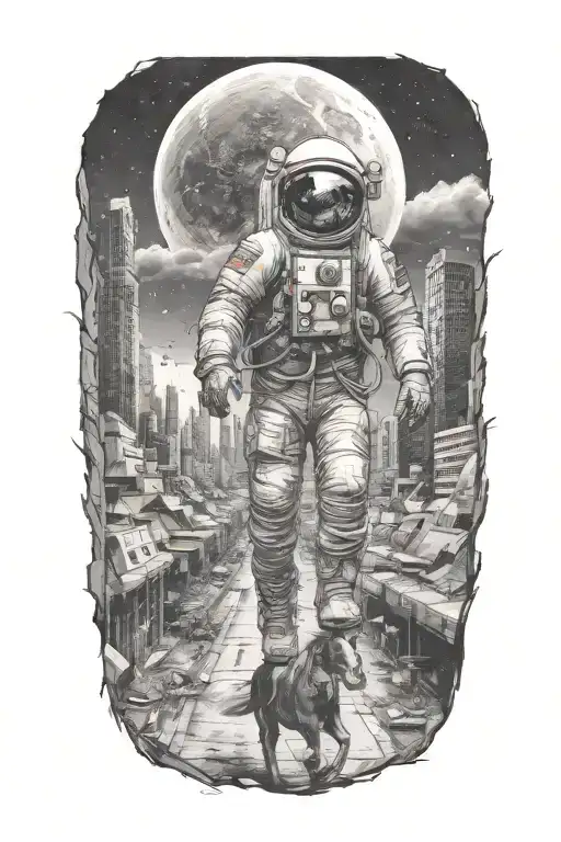 astronaut riding horse walking down road in overgrown metropolis crumbling skyscrapers under cosmic sky  tattoo design idea