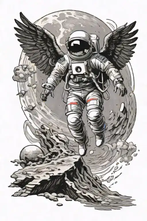 astronaut standing on the moon reaching out to Icarus falling to his death in the style of renaissance art tattoo design idea