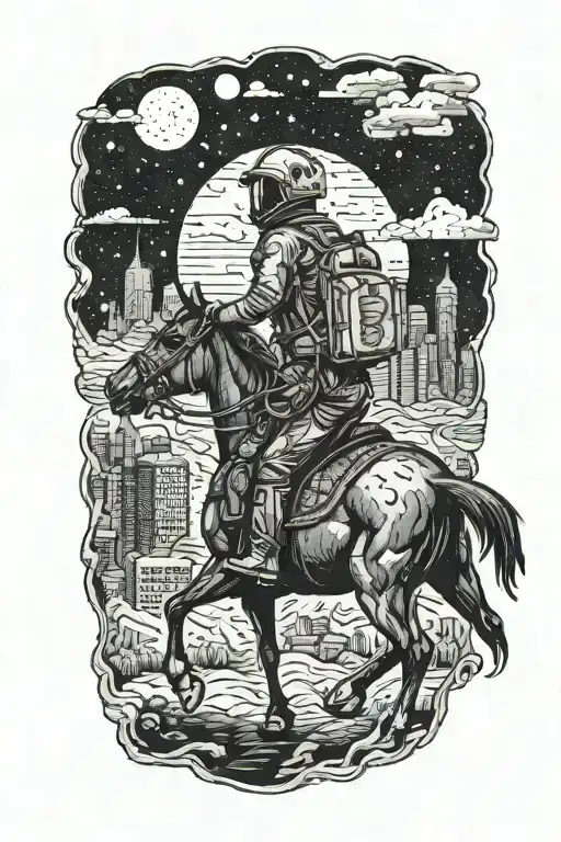 astronaut cowboy riding horse down the road in an abandoned metropolis with crumbling skyscrapers under the stars  tattoo design idea