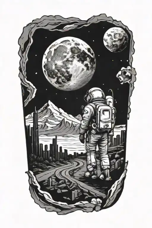 astronaut walking down the road through the ruins of a metropolis skyscrapers under a cosmic sky with a crumbling moon tattoo design idea