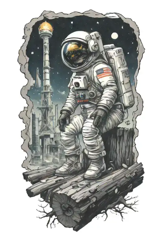 astronaut sitting on log looking towards an abandoned metropolis with crumbling skyscrapers under cosmic sky tattoo design idea