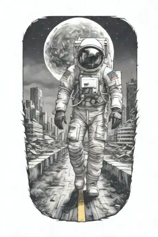 astronaut walking down road in overgrown, decaying metropolis with crumbling skyscrapers under cosmic sky  tattoo design idea