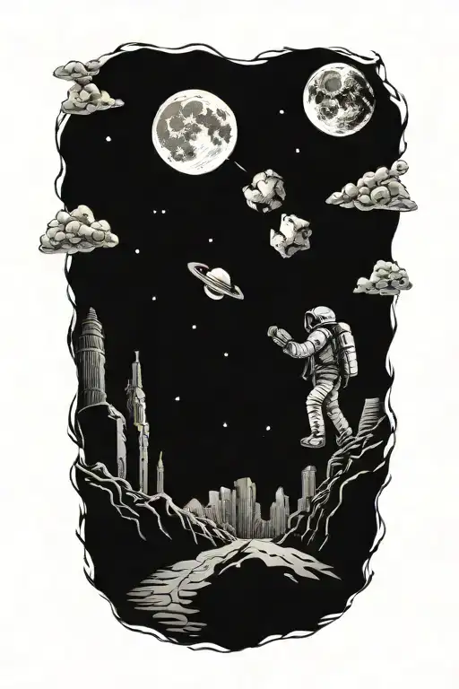astronaut walking down the road through the ruins of a metropolis skyscrapers under a cosmic sky with a crumbling moon tattoo design idea