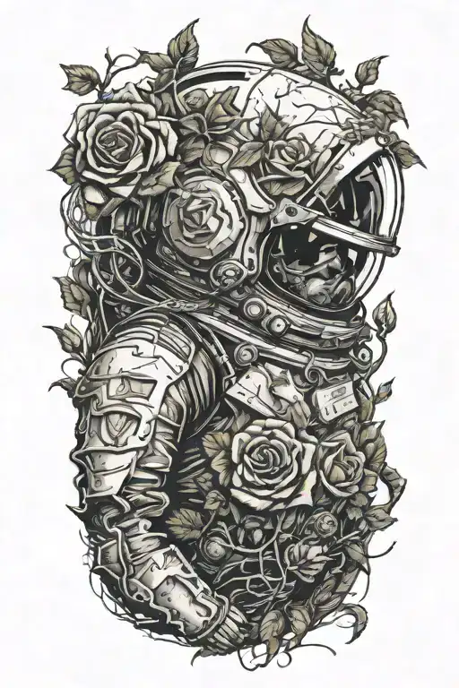 dead astronaut with a smashed helmet lying on the side of the road; vines with roses and thorns are coiled around him  tattoo design idea