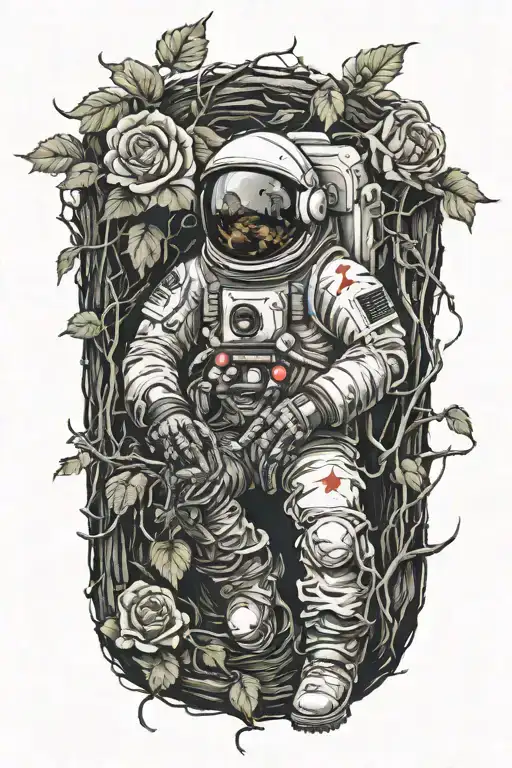 dead astronaut with lying against a log on the side of the road; vines with roses and thorns are coiled around him  tattoo design idea