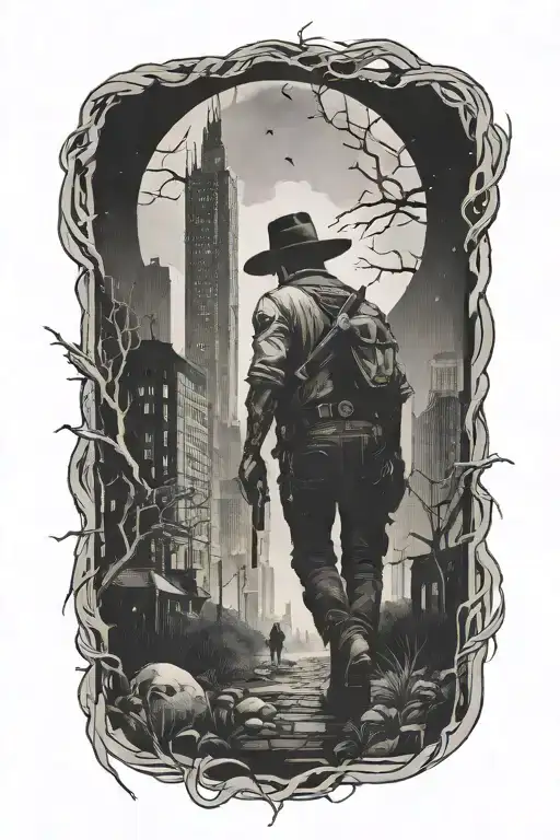 cowboy walking Through An Abandoned Metropolis With crumbling Skyscrapers Overgrown With Trees under a cosmic sky  tattoo design idea