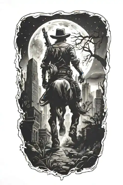 cowboy walking Through An Abandoned Metropolis With crumbling Skyscrapers Overgrown With Trees under a cosmic sky  tattoo design idea