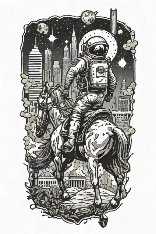 astronaut cowbow on a horse walking through an overgrown abandoned metropolis with skyscrapers under a cosmic sky  tattoo design idea