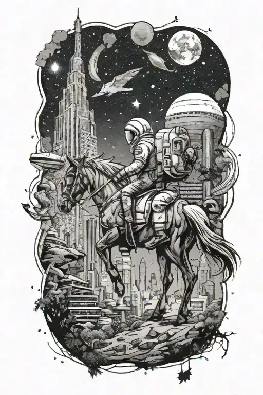 astronaut leading a horse through an abandoned metropolis with skyscrapers overgrown with trees under a starry cosmic sk tattoo design idea