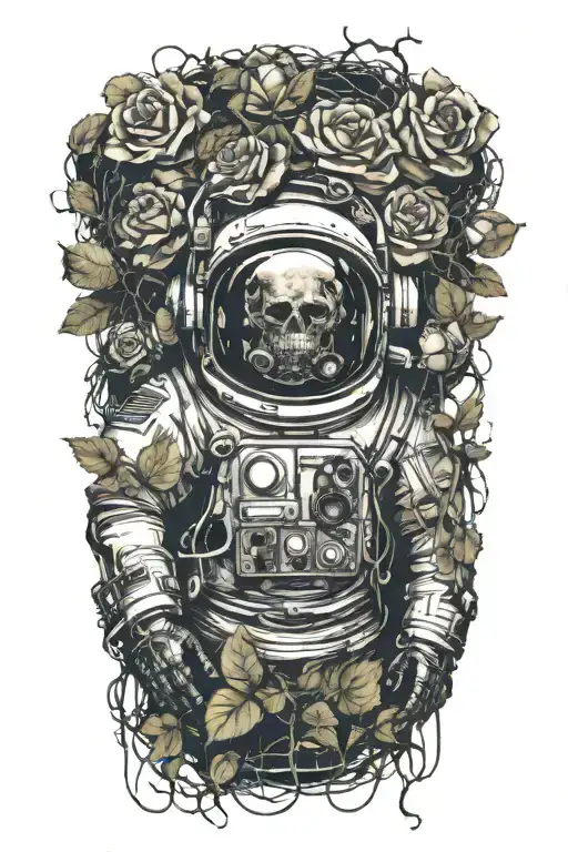 dead astronaut with smashed helmet; an overgrowth of vines with roses and thorns are coiled around him  tattoo design idea
