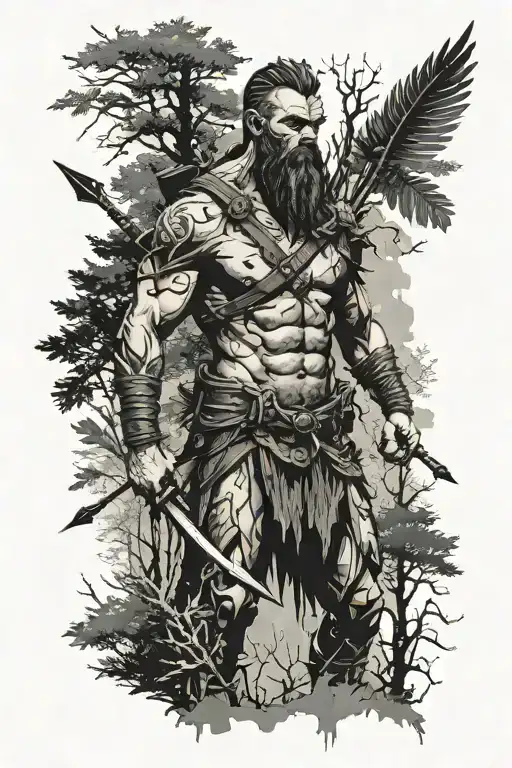 sillhoute of borimir standing in the woods with arrows sticking out of him about to breathe his last breath  tattoo design idea