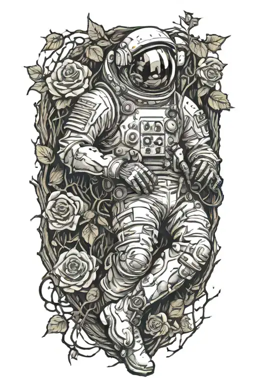dead astronaut lying against a log on the side of the road wrapped in vines with roses and thorns  tattoo design idea