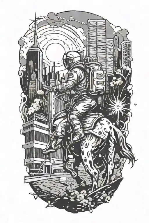 lonely astronaut riding a hors through an abandoned metropolis with skyscrapers overgrown with trees under a cosmic sky  tattoo design idea