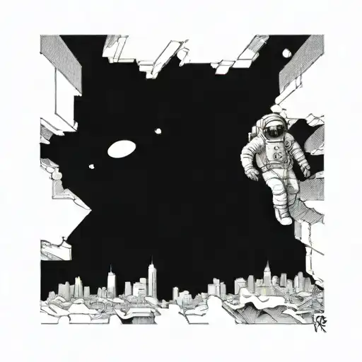 astronaut walking through abandoned metropolis with crumbling skyscrapers under a cosmic sky tattoo design idea
