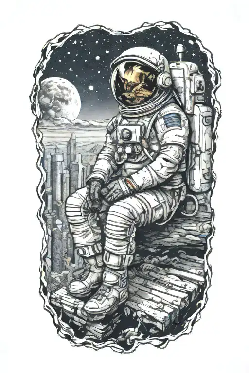 astronaut sitting on log looking towards an abandoned metropolis with crumbling skyscrapers under cosmic sky tattoo design idea