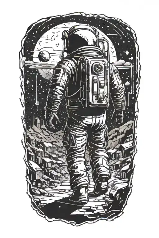 cs lewis space trilogy inspired lonely astronaut walking through abandoned metropolis under a starry sky  tattoo design idea