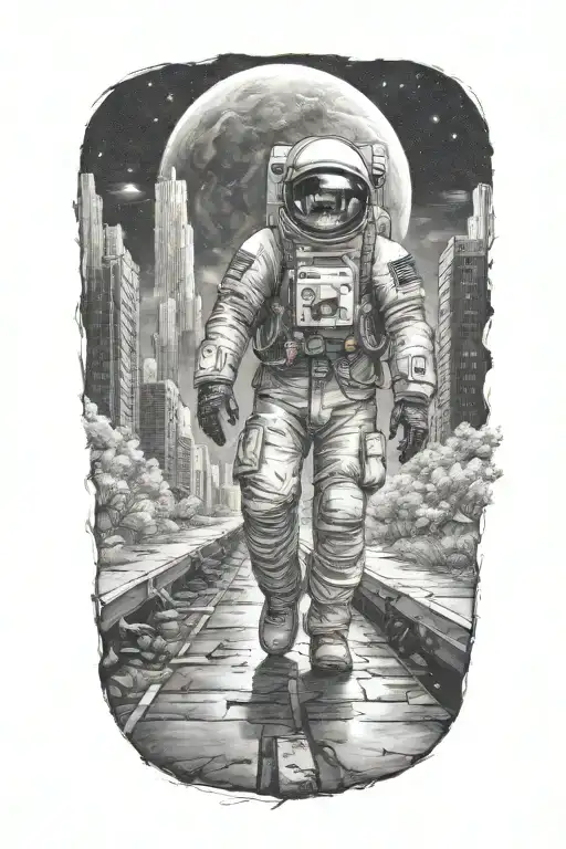 astronaut cowboy walking down road in overgrown, decaying metropolis with crumbling skyscrapers under galaxy  tattoo design idea