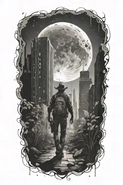 cowboy walking Through An Abandoned Metropolis With crumbling Skyscrapers Overgrown With Trees under a cosmic sky  tattoo design idea