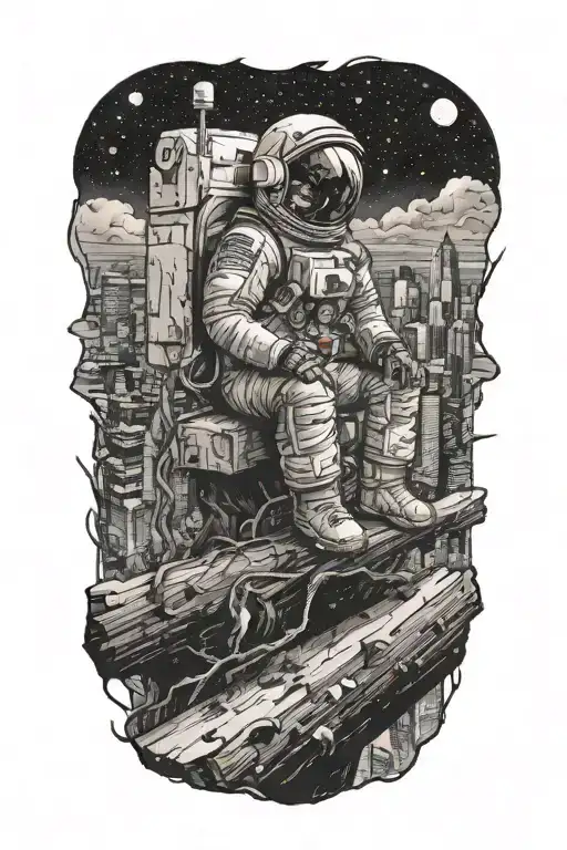 astronaut sitting on log looking towards an abandoned metropolis with crumbling skyscrapers under cosmic sky tattoo design idea