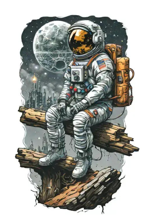astronaut sitting on log looking towards an abandoned metropolis with crumbling skyscrapers under cosmic sky tattoo design idea