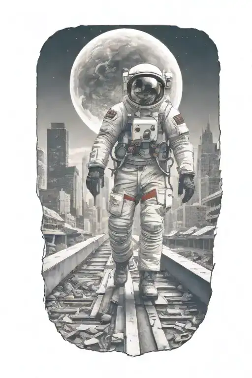 astronaut walking down road in abandoned metropolis crumbling skyscrapers under cosmic sky  tattoo design idea