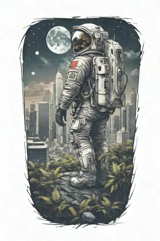 lonely astronaut walking through an abandoned metropolis with skyscrapers overgrown with trees under a cosmic sky  tattoo design idea