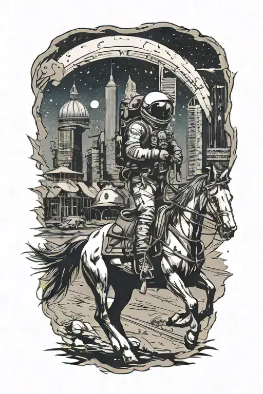 astronaut cowboy riding horse down the road in an abandoned metropolis with crumbling skyscrapers under the stars  tattoo design idea
