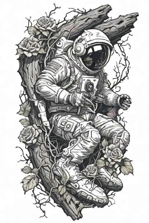 dead astronaut with lying against a log on the side of the road; vines with roses and thorns are coiled around him  tattoo design idea