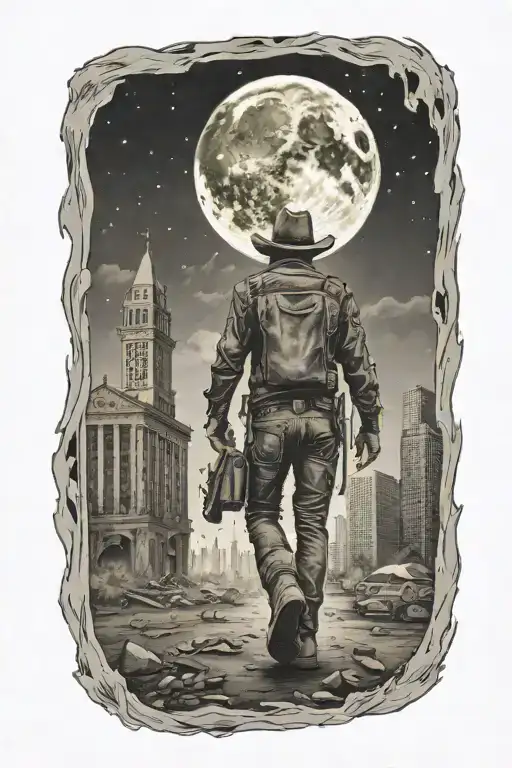 Cowboy Walking Towards An Abandoned Metropolis With Crumbling Skyscrapers Under Cosmic Sky With A crumbling moon  tattoo design idea