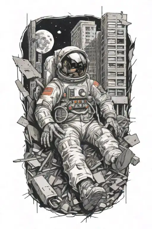 dead astronaut lying on the side of the road in the midst of an abandoned metropolis, crumbling skyscrapers and moon  tattoo design idea
