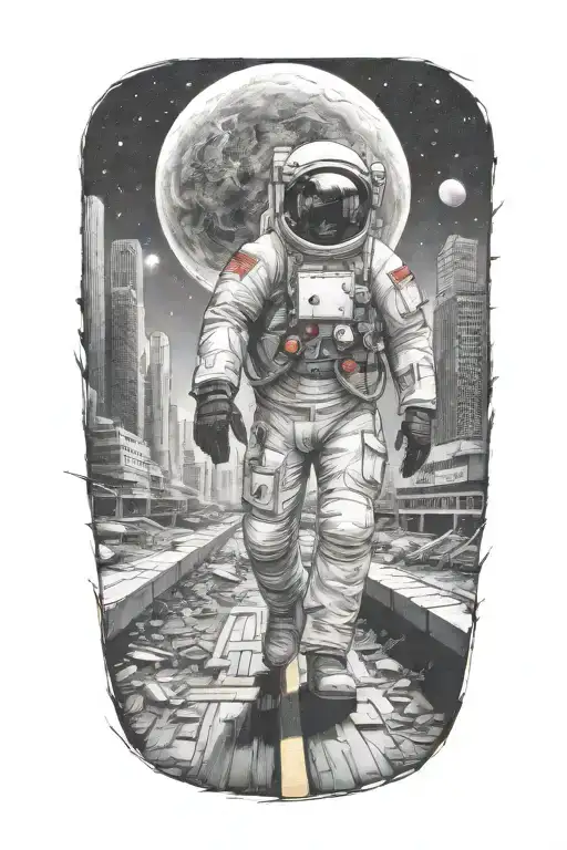 astronaut walking down road in abandoned metropolis crumbling skyscrapers under cosmic sky  tattoo design idea