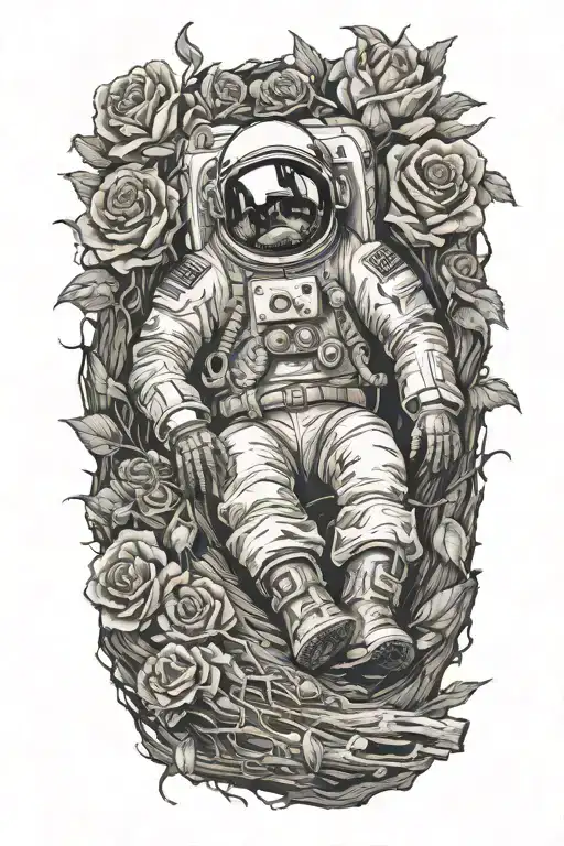 dead astronaut lying against a log on the side of the road wrapped in roses  tattoo design idea