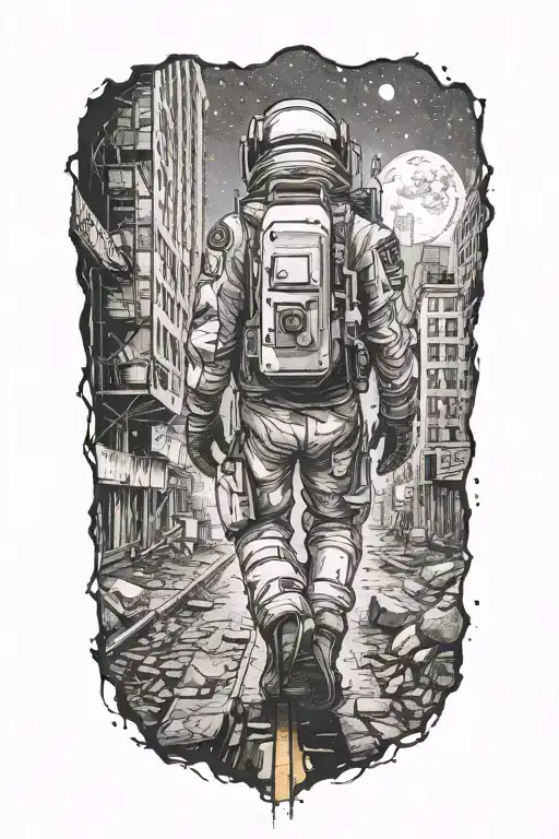 astronaut walking down road in abandoned metropolis crumbling skyscrapers under cosmic sky  tattoo design idea