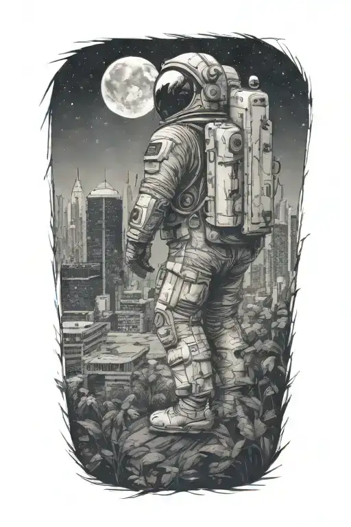 lonely astronaut walking through an abandoned metropolis with skyscrapers overgrown with trees under a cosmic sky  tattoo design idea