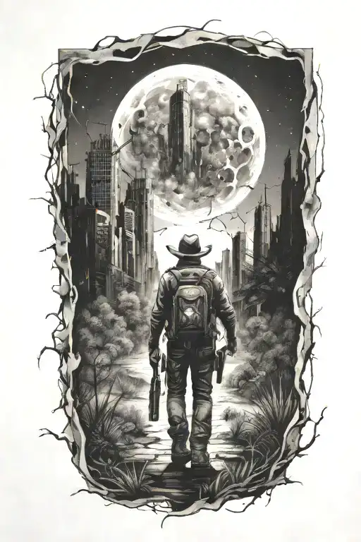cowboy walking Through An Abandoned Metropolis With crumbling Skyscrapers Overgrown With Trees under a cosmic sky  tattoo design idea