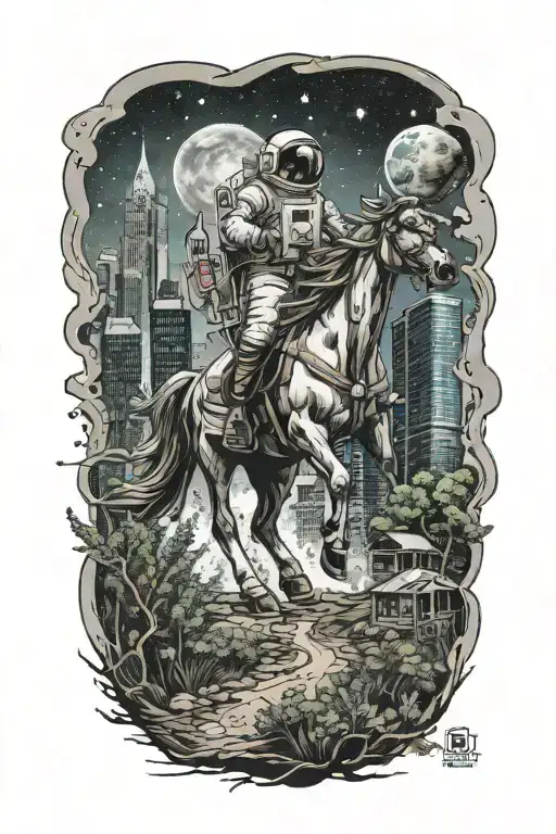 astronaut cowbow on a horse walking through an overgrown abandoned metropolis with skyscrapers under a cosmic sky  tattoo design idea