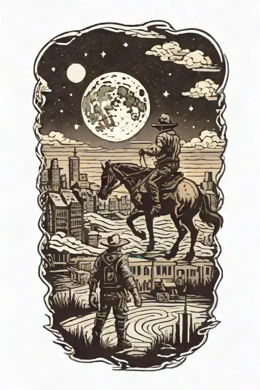 Cowboy Walking Towards An Abandoned Metropolis With Crumbling Skyscrapers Under Cosmic Sky With A crumbling moon  tattoo design idea