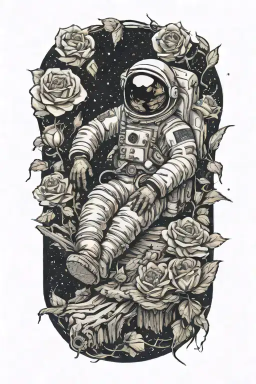 dead astronaut lying against a log wrapped in roses in the middle of an abandoned metropolis under a starry sky  tattoo design idea