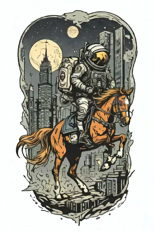 astronaut cowbow on a horse walking through an abandoned metropolis with crumbling skyscrapers under a dying moon tattoo design idea