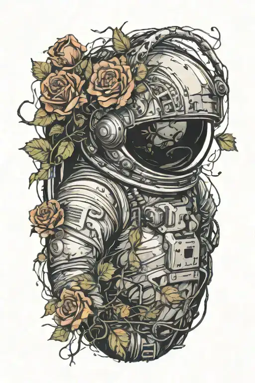 dead astronaut with a smashed helmet lying on the side of the road; vines with roses and thorns are coiled around him  tattoo design idea