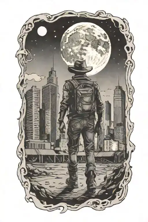 Cowboy Walking Towards An Abandoned Metropolis With Crumbling Skyscrapers Under Cosmic Sky With A crumbling moon  tattoo design idea